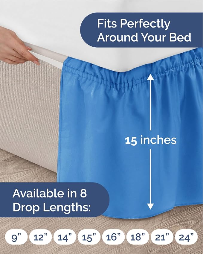 Wrap Around Dust Ruffle Bed Skirt, Full Size - 15 Inch Drop, Royal Blue | Easy Fit Elastic Strap, Adjustable Pleated Bedskirt w/Brushed Fabric, Wrinkle & Fade Free, for Women, Men, Kids & Teens