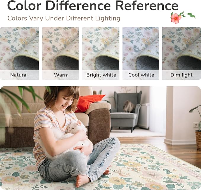 Washable Floral Area Rug for Living Room 4x6 Light Beige | Non-Slip，Vacuum-Friendly, Low Pile, Flower Carpet for Bedroom Kitchen Entryway Dining Room Office Nursery