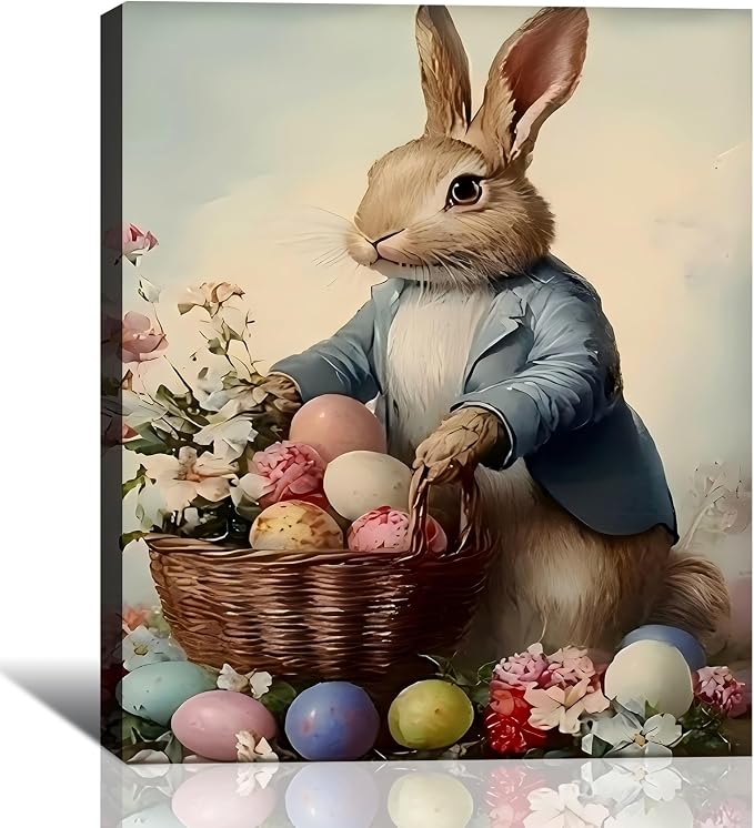 Large Vintage Easter Rabbit Eggs Canvas Art 20x30, Colorful Cozy Spring Bunny Pictures Wall Art, Perfect for Easter Bathroom Bedroom, Living Room Holiday Wall Decorations