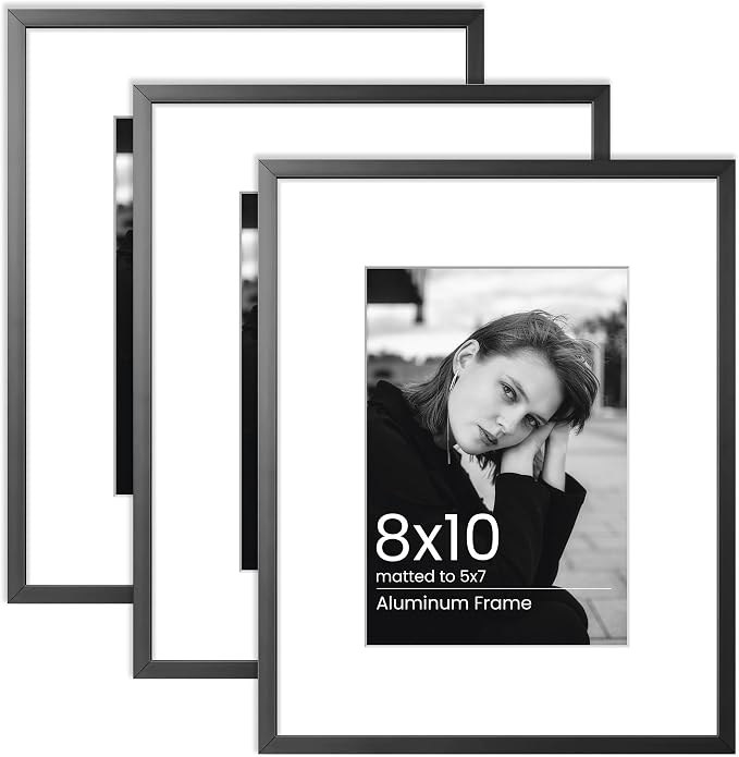 8x10 Photo Frame Black, Aluminum Metal 8 x 10 Frame with Removable Mat, 8 by 10 Black Picture Frame Matted to 5x7 Photo, Real Tempered Glass for Home and Office Gallery Wall, 3 Pack