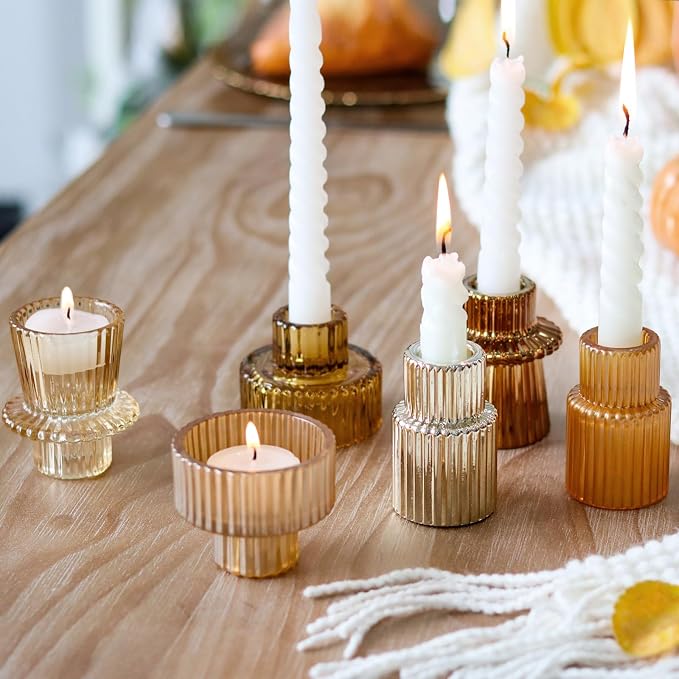 Gold Candlestick Holders 12PCS Ribbed Glass Taper Candle Holders Set for Tealight Candlestick Candles, Table Centerpieces for Thanksgiving Christmas Farmhouse Decor Indoor and Outdoor