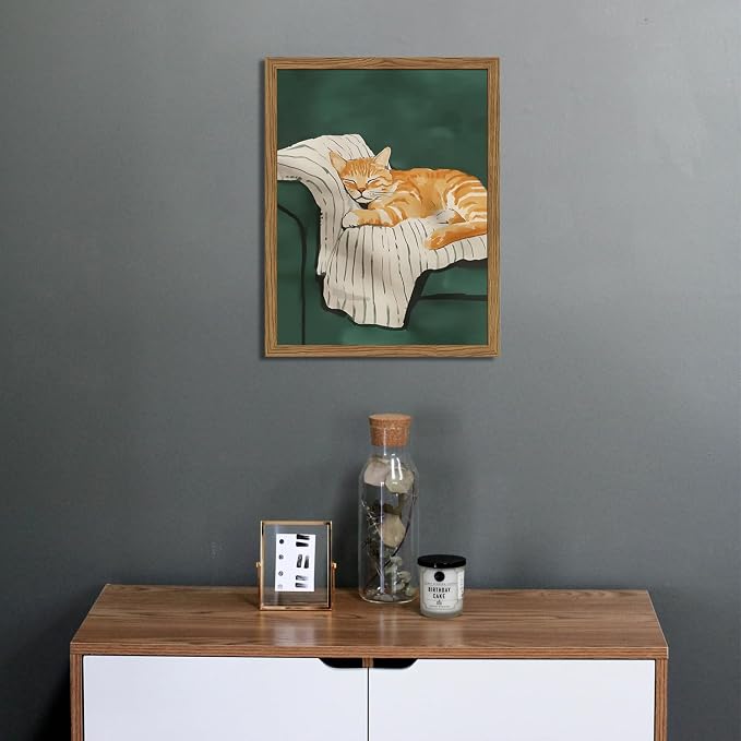 Funny Cat Wall Art Cute Cat Sleeping on Couch Wall Decor Painting Orange Pet Kitty Portrait Pictures Prints Contemporary Animal Canvas Artwork for Bedroom Living Room 16x24 inch Wood Framed