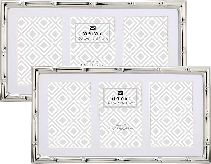 YiPinYin 3-2x3'' Silver Multi Metal Picture Frames 3 setion frame 2pack, Bamboo Detail Silver Plated Nurse Photo Frames 3-2x3'' Baby frames With Soft Velvet Backing for Desktop and Wall Décor