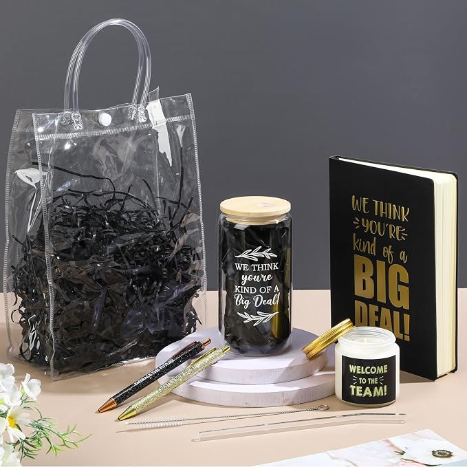 Thenshop 6 Pcs Welcome to the Team Gifts Bulk for New Employee Inspirational Glass Tumbler Notebook Pens Scented Candle with PVC Bag Employee Appreciation Gift Sets for New Coworker Office(Black)