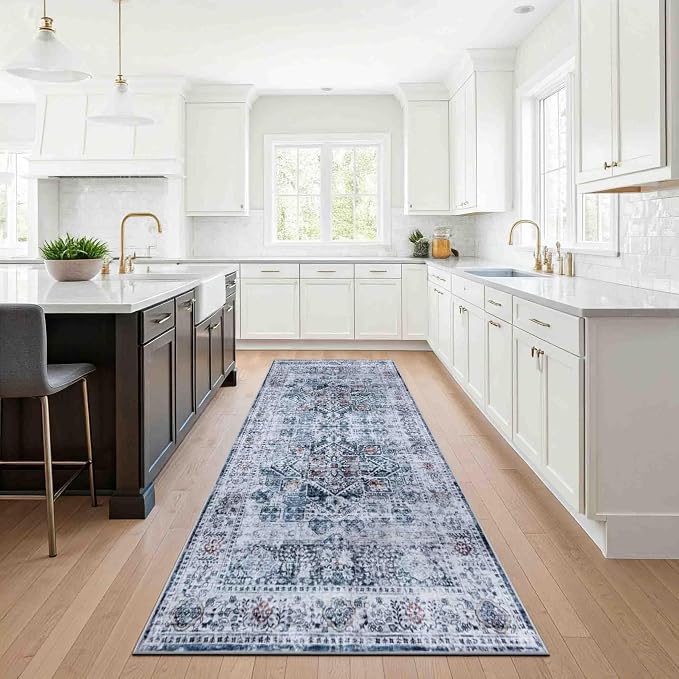 Machine Washable Area Rug, Soft & Durable, Non-Slip, Stain Resistant Rug for Bedroom, Living Room, Dining Room, High Traffic Areas. (Blue/Coral, 2.5' X 10')