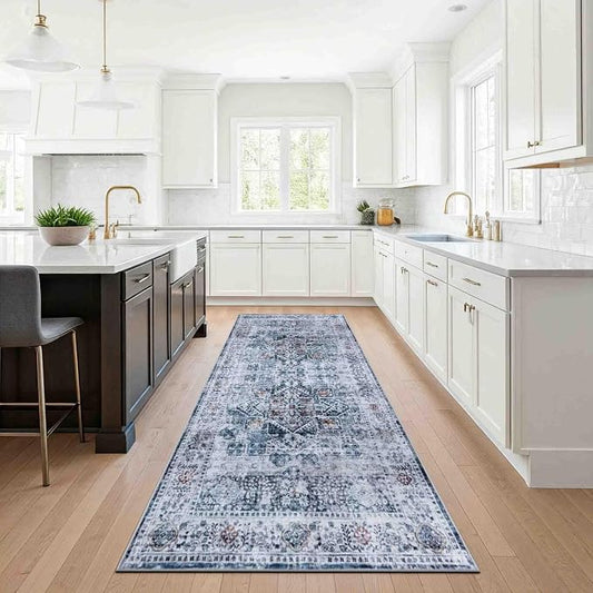 Machine Washable Area Rug, Soft & Durable, Non-Slip, Stain Resistant Rug for Bedroom, Living Room, Dining Room, High Traffic Areas. (Blue/Coral, 2.5' X 10')