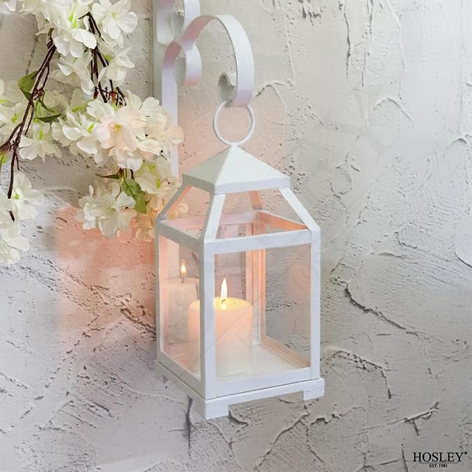 Hosley Set of 2 Clear Glass and Iron White Color Farmhouse Classic Style Lantern 12 Inch High Ideal Gift for Weddings Bridals Special Occasions Parties Aromatherapy and Spa Settings O4