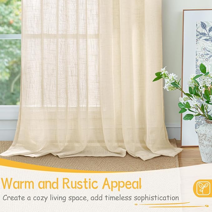 YoungsTex Beige Cream Linen Semi Sheer Curtains 45 Inch Length 2 Panels, Short Rustic Window Drapes Textured Light Filtering with Rod Pocket Back Tab for Bathroom Bedroom, 42 X 45 Inch
