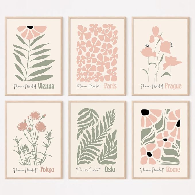 Baccone Boho Botanical Wall Art Prints Blush Pink Canvas Wall Decor Flower Market Wall Art Poster Abstract Aesthetic Pictures Pink Floral Artwork for Room Bedroom Set of 6 12x16 Inch Unframed