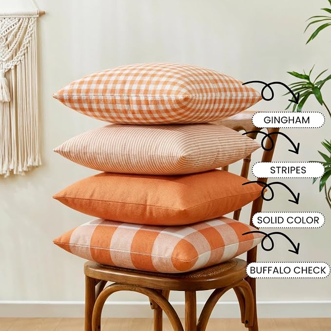 Burnt Orange Fall Plaid Outdoor Porch Pillow Covers 18x18 Set of 4 | Thanksgiving Autumn Pillow Covers 18 x 18, Cojines De Otoño Para Sala, Aesthetic Fall Room Decor, Fall Patio Outdoor Pillow