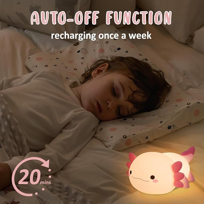 Axolotl Night Light, Cute Night Light for Kids, Animal Silicone Nursery Night Lamp, Timer Dimmable Rechargeable LED Nightlight, Soft Feeding Room Decor Bedside Lamp Gifts for Kids Girls Boys Women