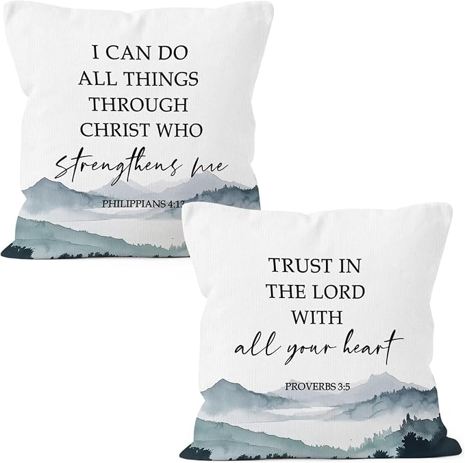 Boho Christian Bible Inspirational Throw Pillow Covers 18x18 Set of 2, Mountain Woodland Decor Pillow Cases Gifts for Bedroom Living Room, Philippians Proverbs Pillowcases for Couch Bed Sofa