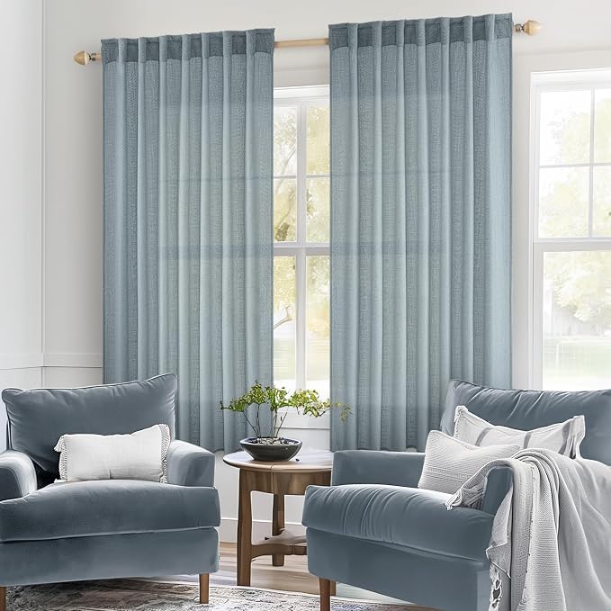 MIULEE Dusty Blue Short Linen Curtains 52x45 Inch Long 2 Panels for Kitchen | Bedroom Bathroom,Soft Thick Linen Textured Basement Window Drapes,Semi Sheer Light Filtering,Back Tab, Burlap Look Decor