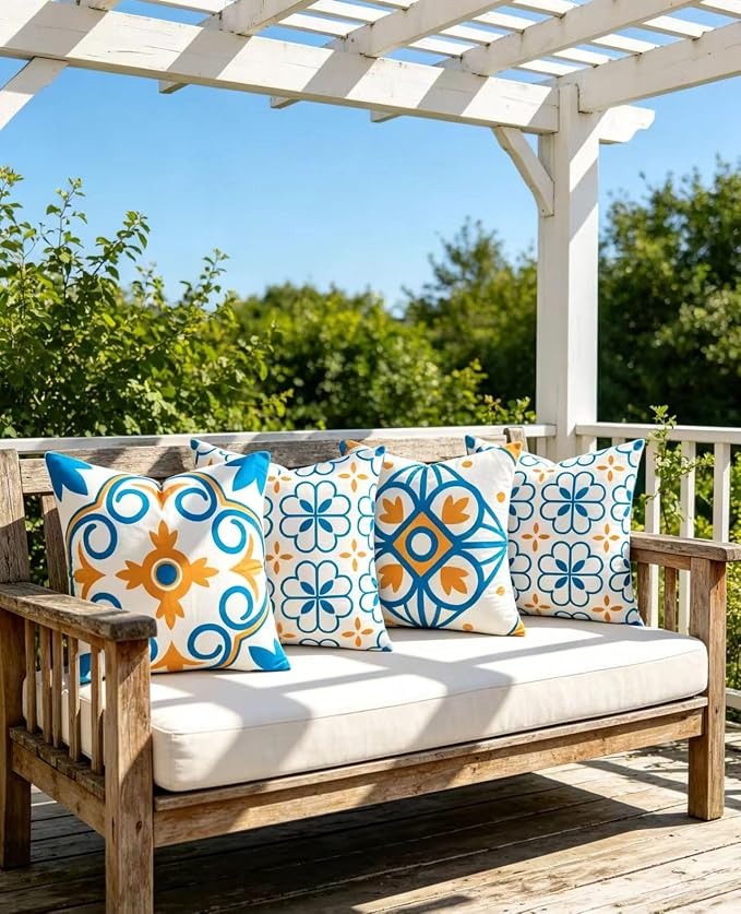 Set of 4 Boho Throw Pillow Covers 18x18 Inch, Blue Orange Pattern Decorative Pillow Case Soft Square Velvet Cushion Covers for Couch, Sofa, Living Room, Bedroom, Patio, Porch, Outdoor Home Décor
