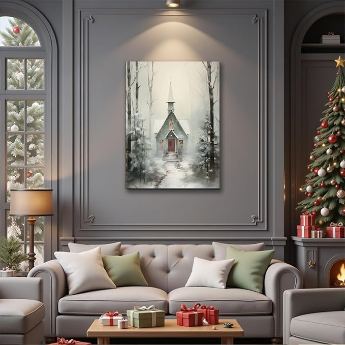 Winter Cabin Wall Art Poster Print 8x12inch, Snowy Forest Scene Art, Framed Christmas Prints – Christmas Canvas for Living Room & Bedroom, Christmas Decorations, Holiday Wall Decor