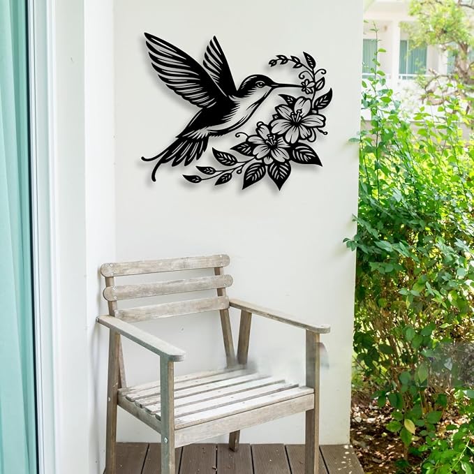 LIYOUYA Hummingbird Flower Metal Wall Decor - Rustic Farmhouse Room Decor Black Wall Art Home Decor for Living Room, Dining Room, Courtyard (Black)