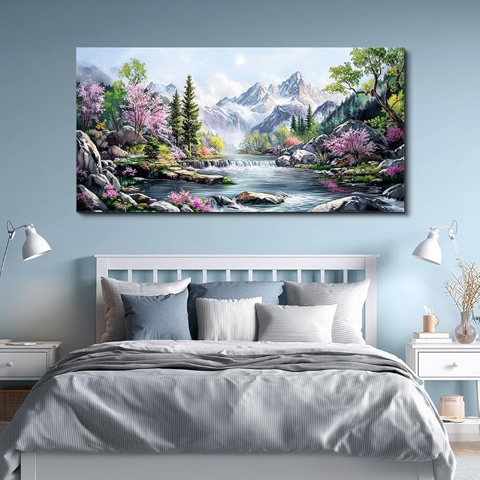 QIYILEXWART Canvas Wall Art For Living Room Wall Decor For Bedroom Office Wall Decoration Mountain Landscape Painting Spring Pictures Artwork Room Aesthetic Home Decor 20x40 In