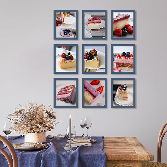YESKAY 8x10 Picture Frame Set of 9, Display Pictures 5x7 with Mat or 8 x 10 Without Mat, Multi Photo Frames for Wall Mounting or Table Top Display, Blue
