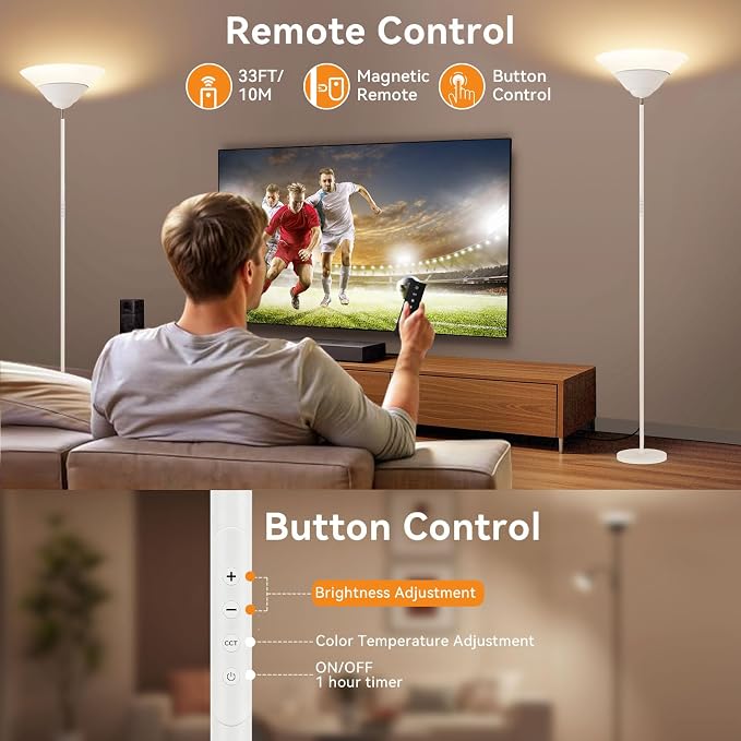 SIBRILLE Torchiere Floor Lamp, 30W Dimmable LED Standing Lamp with Remote/Button Control, 1800Lm, 3000-6500K, 72in Bright Standing Pole Light for Living Room Bedroom Office Corner, White