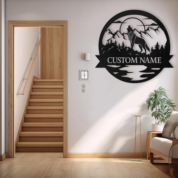 Dyoart Personalized Wolf Wall Art, Custom Last Name Sign | Black Wolf Wall Decor, Metal Wall Art for Home, Wolf Sign for Modern Home Hanging Decorations, Housewarming Gifts