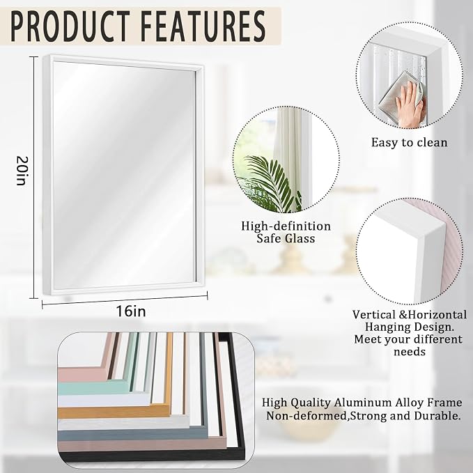 AAZZKANG Wall Mirror Large Rectangular White Mirrors with Metal Frame for Farmhouse Bathroom Bedroom Living Room Entryway Hanging Vertically or Horizontally 20"x16"
