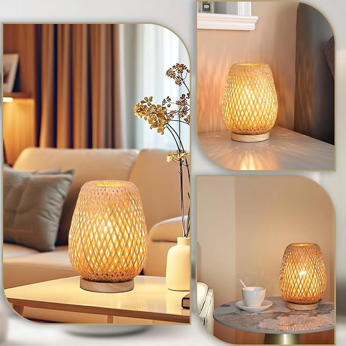Rattan table lamp, 9.25''boho table lamp hand woven vintage willow wooden small bedside lamp, Bohemian bamboo woven nightstand desk lamp for bedrooms living rooms desks children's rooms hallway