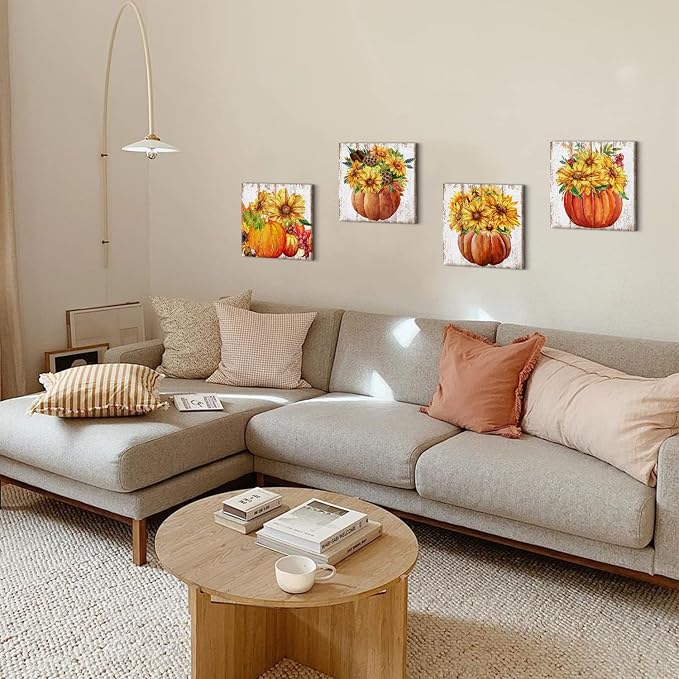 Fall Wall Art Rustic Pumpkin Pictures for Kitchen Farmhouse Sunflower Wall Decor Living Room Autumn Harvest Painting Canvas Prints Artwork Halloween Dining Room Thanksgiving Home Decorations 12x12" 4P