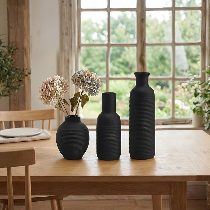 Rustic Farmhouse Vase Set of 3 - Ceramic Decorative Vintage Vases Home Decor - Pampas Grass Dried Fresh Flowers - for Centerpiece, Coffee Table, Mantel Entryway, Living Room, Bedroom (Black)