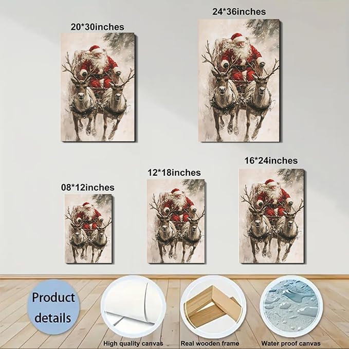 FLZYKGPA Vintage Santa in Sleigh with Reindeer Canvas Art 12x18, Framed Classic Christmas Wall Art for Holiday Decor, Cozy Winter Snow Scene Nature Wall Decor for Living Room Kitchen Office