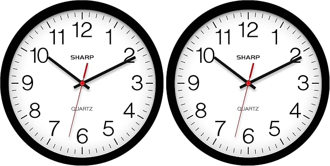 Sharp Wall Clock – Black, Silent Non Ticking 14 Inch Quality Quartz Battery Operated Round Easy to Read Home/Kitchen/Office/Classroom/School Clocks, Sweep Movement (Pack of 2)