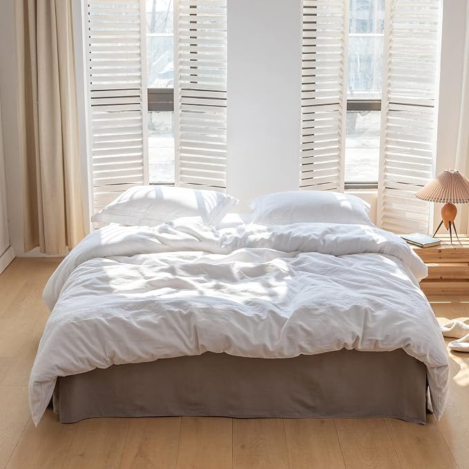 BISELINA French Linen Bed Skirt with Pleated Corner 14-Inch Tailored Drop Natural Flax Cotton Blend Basic Dust Ruffle Soft Cozy Farmhouse Bedding (14" Queen, Basic Grey)