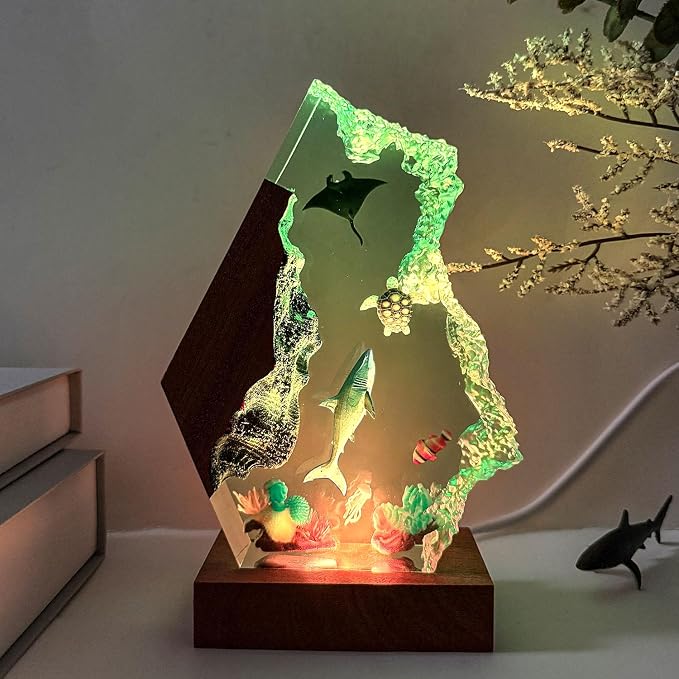 Handmade Shark Resin Ocean Lamp with Woodden Base