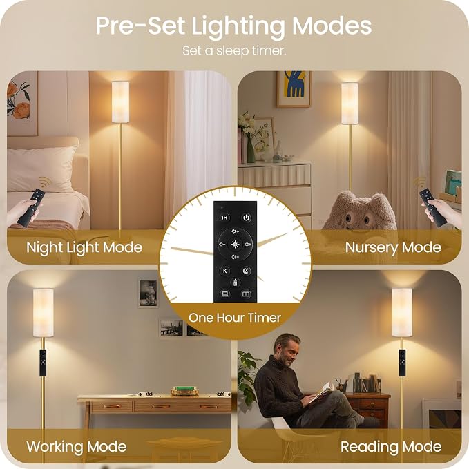 Set of 2 Dimmable Floor Lamps for Living Room with 2 Remotes and Foot Switch, Modern Standing Tall Lamp, Corner Lamp for Bedroom, Bulb Included, 3000K-6500K, Beige and Gold DE06LDP205W1