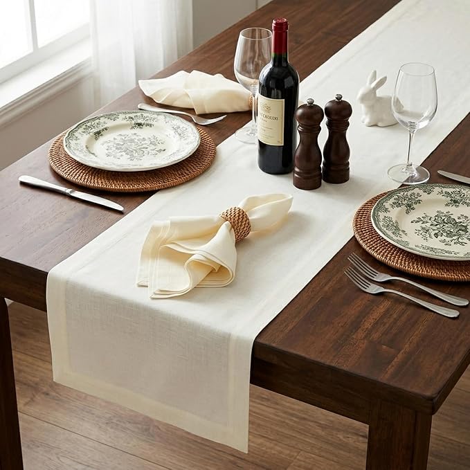 Solino Home 100% Pure Linen Table Runner Ivory Extra Long, Fete 14 x 120 in | brings a tailored look to family meals and hosting, European flax fibres, handloomed texture, soft, fine, OEKO-TEX Certified