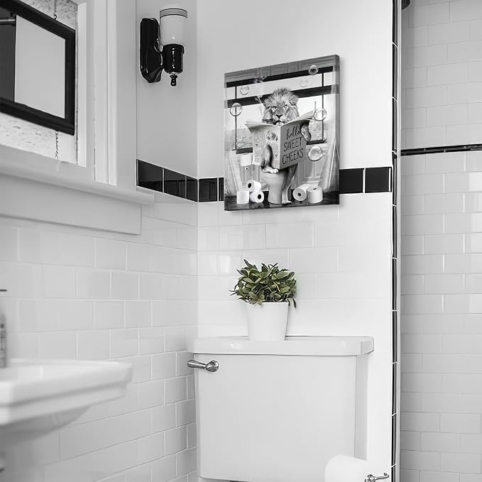 Parylore Funny Lion Wall Art Black and White Lion Bathroom Print Farmhouse Bathroom Animals Wall Decor Lion Sitting in Toilet Reading Newspaper Painting Framed Artwork for Toilet Bathroom 16x24 inch
