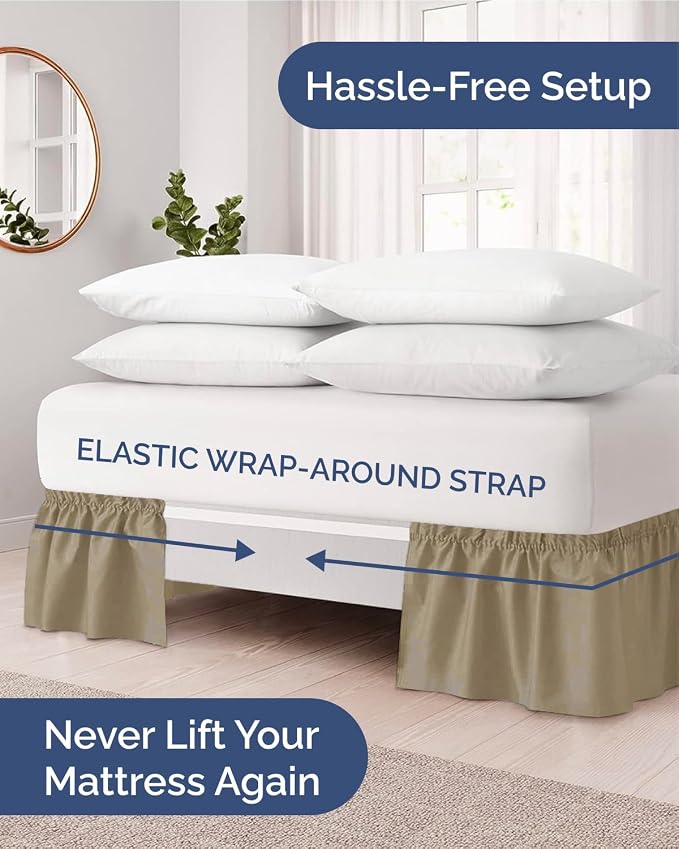 Wrap Around Dust Ruffle Bed Skirt - Khaki - for Full Size Beds w/ 14 Inch Drop - Easy Fit Elastic Strap - Adjustable Pleated Bedskirt w/Brushed Fabric - Wrinkle & Fade Free - Women, Men, Kids & Teens