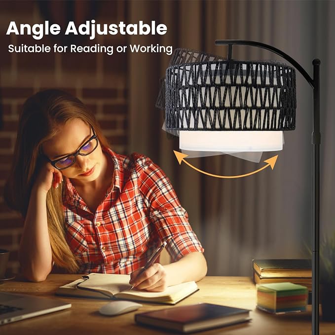 Yusist Arc Floor Lamp for Living Room,Farmhouse Floor Lamps with Remote Control & Dimmable Bulb,Black Rattan Boho Tall Standing Lamp for Bedroom Office