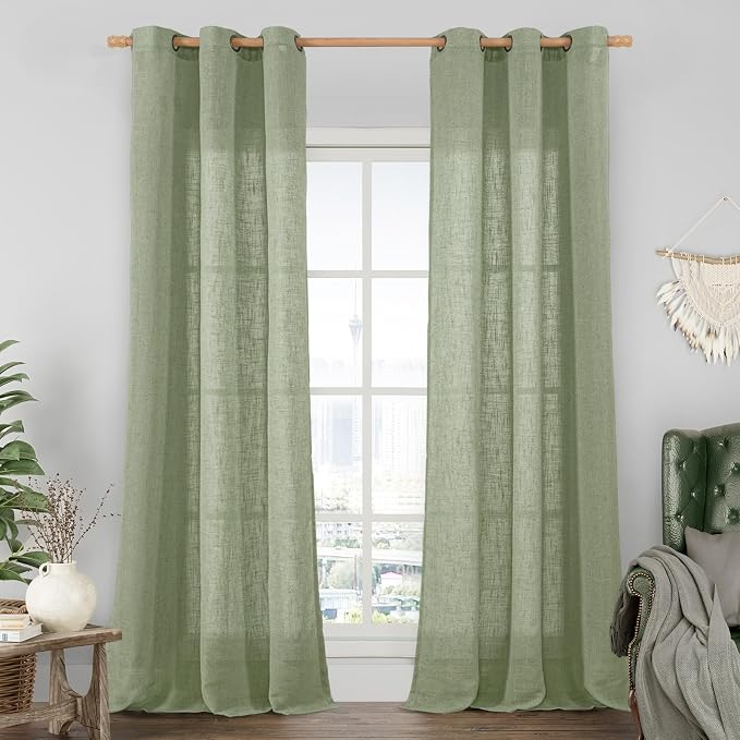 Sage Green Linen Curtains 84 inch Length 2 Panels Set, 34 x 84 Inch | Semi Sheer, Light Filtering, Living Room Curtains, Spring Decor, Neutral Boho, Drapes for Bedroom, Bronze Grommet