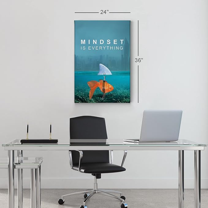 Smile Art Design Mindset is Everything Wall Art Canvas Print Goldfish Shark Entrepreneur Inspirational Motivational Quote Living Room Home Bedroom Office Decor Ready to Hang 36x24