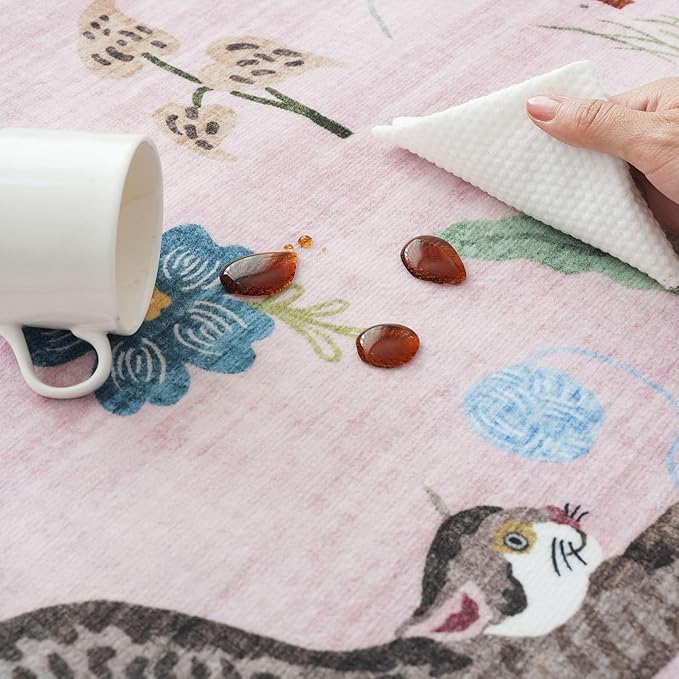 Rugcomf Area Rug 4x6 Rug Washable Boho Rugs Non Slip Low Pile Floral Animal Cat Small Carpet for Bedroom Bedside Kids Room Office Dining Room, Pink