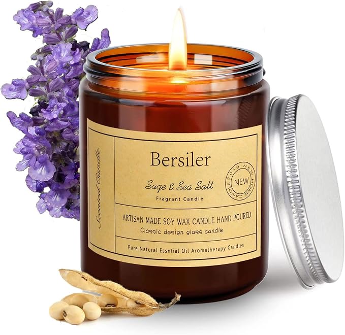 Sage Sea Salt Scented Candles, Soy Wax Candles | Stress Relief and Relax Aromatherapy Candle, Candles for Home Bathroom, Gifts for Women Birthday Christmas