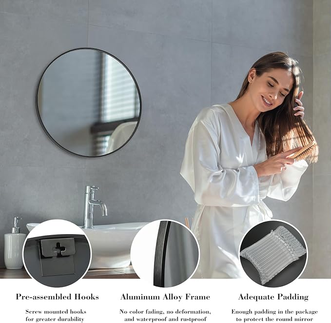 20-Inch Round Wall Mirror Shatterproof Circle Mirror with Aluminum Frame Large Decorative Mirror for Bathroom Vanity Entryway Living Room Decor Over Sink Entryway Living Room Nursery Black