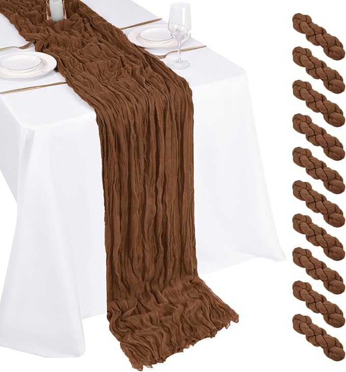 10 Pack Brown Cheesecloth Table Runner 17x108 Inch Boho Gauze Cheese Cloth Table Runners for Wedding Party Baby Shower Birthday Home Decor