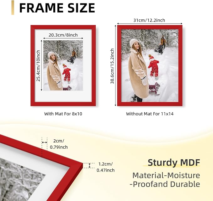 YESKAY 11x14 Picture Frame Set of 9, Photo Gallery Wall Frame Set, Display Pictures 8x10 with Mat or 11 x 14 Without Mat, Multi Photo Frames for Wall Mounting or Table Top Display, Red