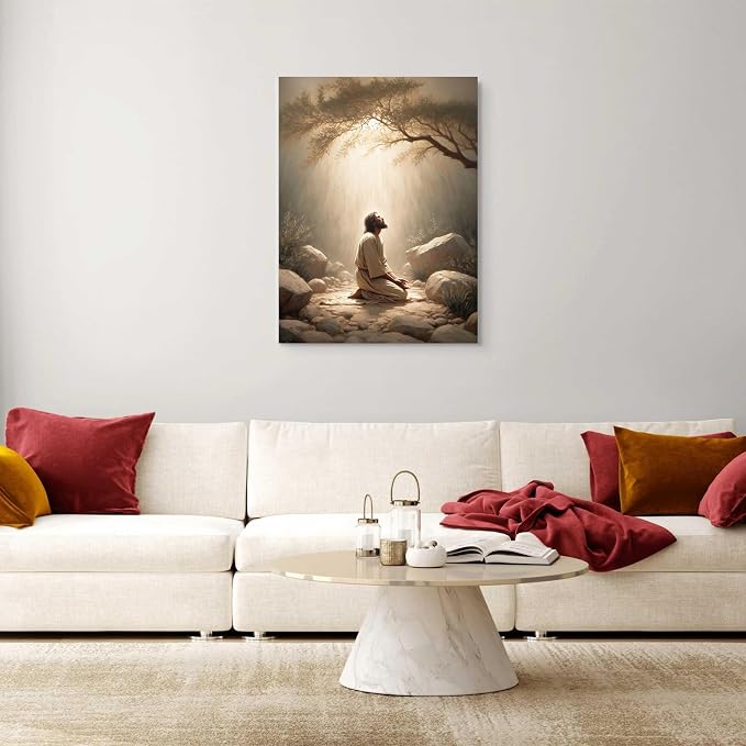 Framed Jesus wall decor for prayer room Christian wall art Jesus prayer canvas wall prints jesus praying in the Garden of Gethsemane Picture home decor Baptism gifts for boys-girl serenity prayer wall art 16X24inch