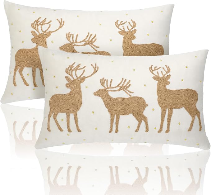 Lewondr Christmas Soft Velvet Throw Pillow Cover, Beige, 2 Pack, 12"x20" | Deers Embroidery, Decorative Throw Pillow Case, 30x50cm, Soft Velvet, Embroidery Cushion Cover, For Bed Sofa Chair Home