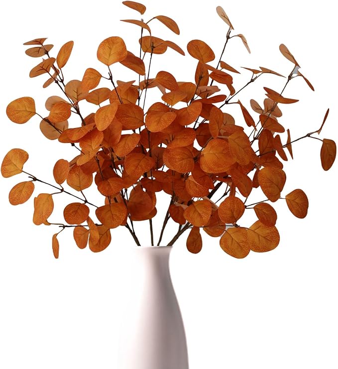 4PCS Burnt Orange Faux Eucalyptus Stems | Burnt orange leaves, bendable stems, rustic centerpiece, Thanksgiving and fall decor