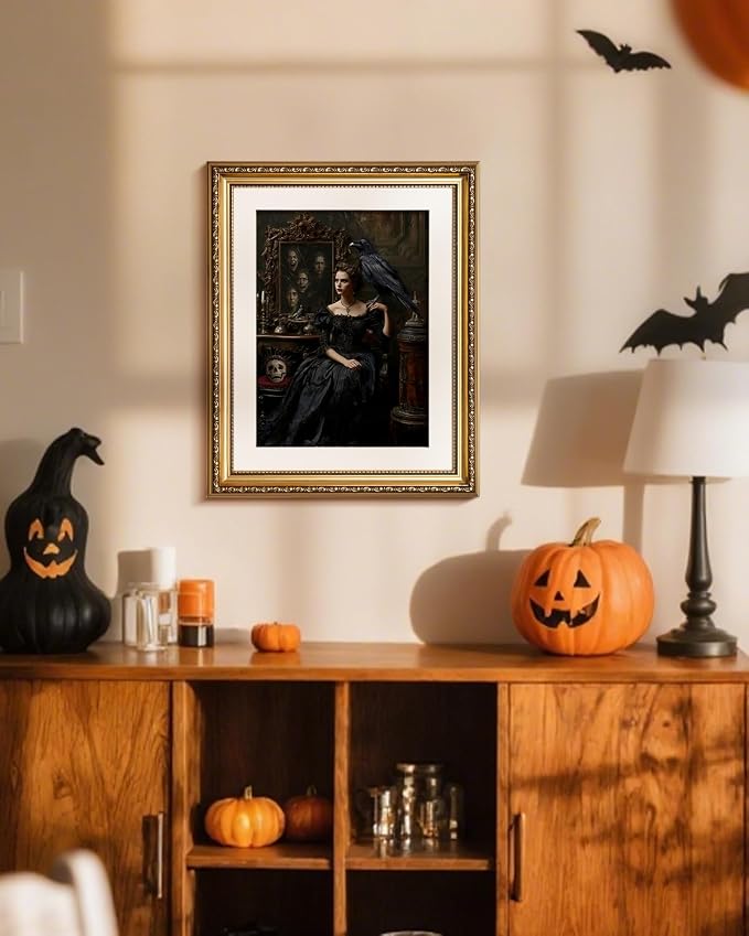 WHASAYART Vintage Gold Framed Woman Portrait Raven Canvas Wall Art | Vintage Gothic Victorian Wall Decor, Dark Academia Décor for Halloween Living Room Bedroom, 13x16" Waterproof Canvas Painting