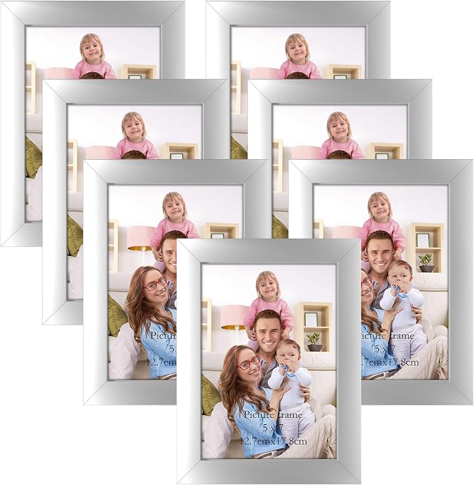 Giftgarden 5x7 Picture Frame Silver Set of 7, Multi Modern 5 x 7 Silver Frames for Wall or Tabletop Display