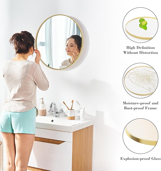NEWBULIG 24 Inch Round Bathroom Mirror, Wall Mount Vanity Mirror | Circle Mirror for Over Sink, Matte Metal Frame, Entryway Decor, Bedroom Decor, Gold